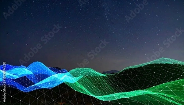 Fototapeta Night landscape with stylized, glowing, wireframe mountains under a starry sky