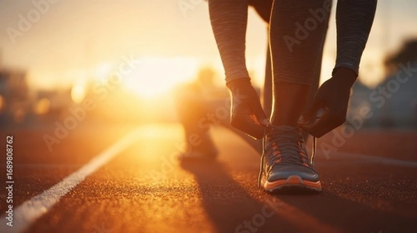 Obraz Runner tying shoes on track at sunrise, fitness lifestyle, motivation and health theme, golden light, motion implied, clean composition, ample copy space for text.
