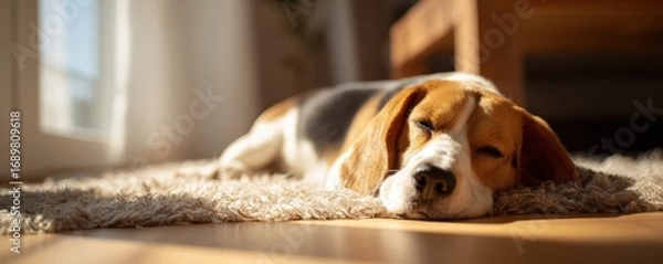 Fototapeta Happy dog lounging on rug in sunlit living room, pet lifestyle, cozy home vibes, natural light, clean minimal interior, shallow depth of field, copy space for text.