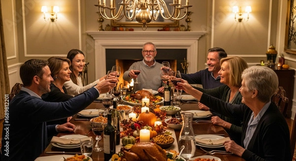 Obraz A heartwarming Thanksgiving gathering of family and friends toasting to happiness, togetherness, and gratitude around a beautifully set table filled with delicious food.
