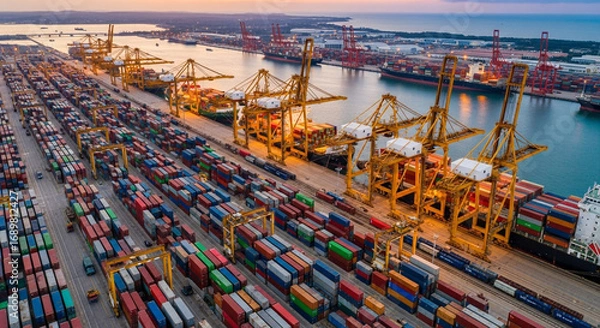 Obraz Aerial View of a Bustling Container Port at Sunset: Global Trade and Logistics in Action