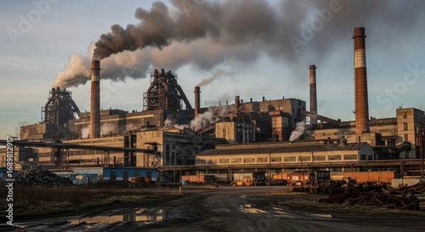 Obraz Industrial Complex Spewing Smoke at Dawn: A Study in Environmental Impact