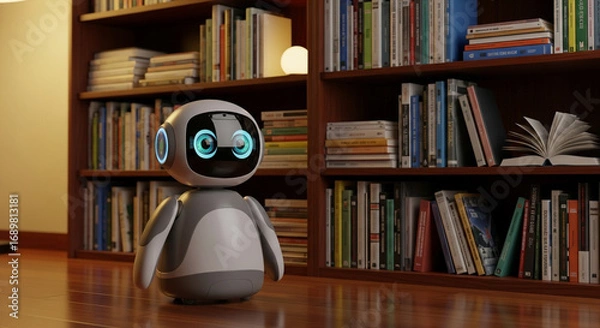 Obraz A Friendly Robot in a Cozy Library Setting:  Digital Companion Among Bookshelves