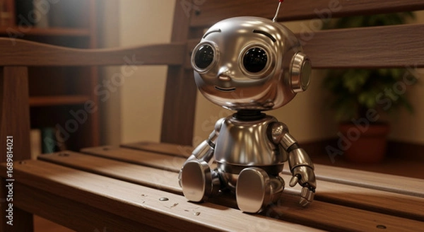 Obraz Adorable Metal Robot Sitting on Wooden Bench,  Indoor Setting, 3D Rendered Image