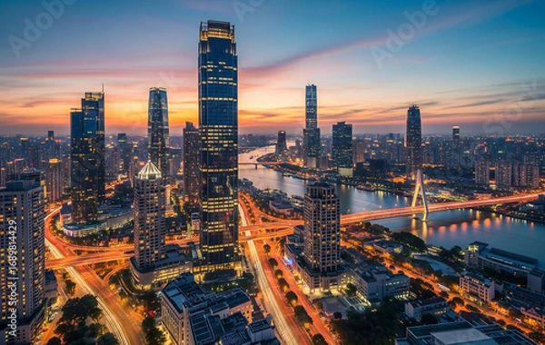 Obraz 夕焼け空に輝く高層ビル群：未来都市を彩る光と川の競演