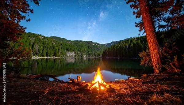Fototapeta Night scene of a calm lake nestled within a mountainous forest, a bonfire burning brightly on the shore under a starlit sky