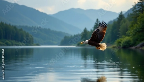 Obraz Bald Eagle Flying Over Mountain Lake