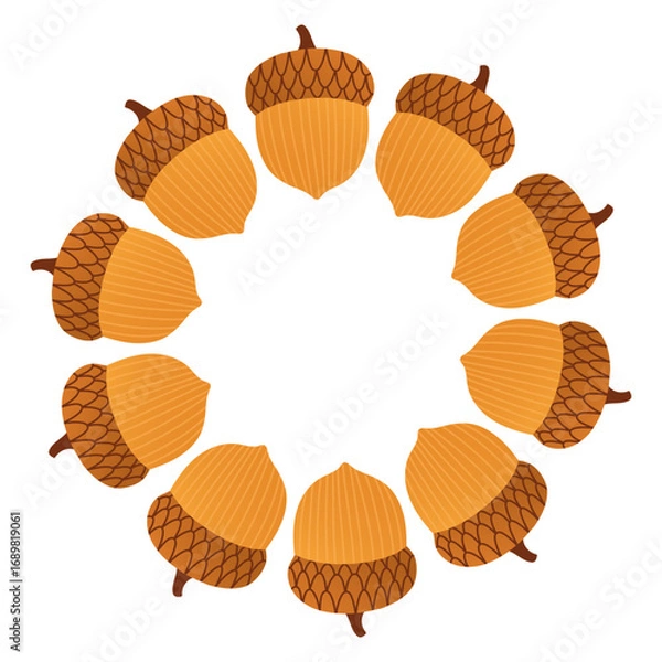 Fototapeta Autumn acorn circle frame. Round border made of doodle hand drawn fall acorns. The acorns are arranged in a circle for stickers, banners, cards, ads. Vector flat isolated on white background.