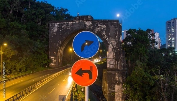 Fototapeta Night scene of a highway with opposing directional signs in front of an old stone arch bridge and cityscape