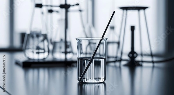 Fototapeta Scientific laboratory glassware with a beaker of clear liquid on a bench for chemical analysis and research development