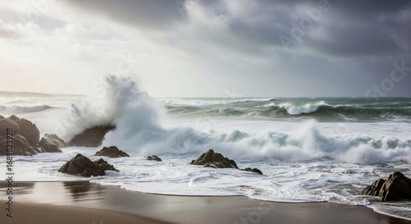 Obraz Dramatic Ocean Waves Crashing on Rocky Shore, Powerful Nature Scene