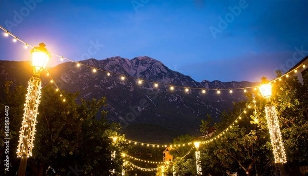 Fototapeta Night scene of a mountain range viewed from a town square decorated with string lights