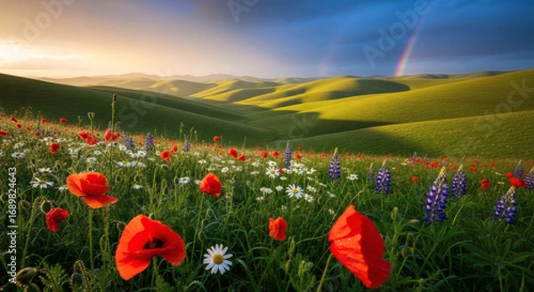 Obraz Stunning Rainbow Over Rolling Hills and Vibrant Wildflower Meadow