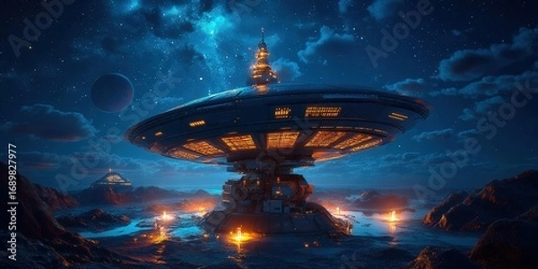 Fototapeta A stunning depiction of a futuristic alien world with advanced technology and celestial beauty.