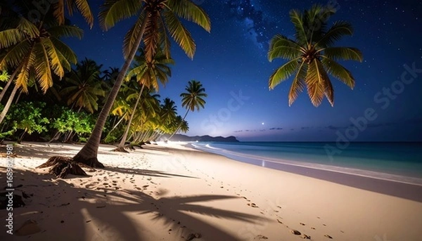 Fototapeta Night scene of a tropical beach with palm trees silhouetted against a starry sky and moonlit ocean