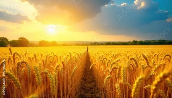 Fototapeta Golden wheat field shimmering under the summer sun, a rich harvest ready for reaping Abundant crops, golden hour, rural landscape, idyllic scene , prosperity, outdoors