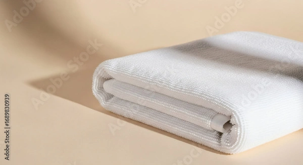 Obraz Soft White Bath Towel Folded Neatly on Beige Background, Minimalist Home Spa Concept, Luxurious Texture, Clean and Fresh