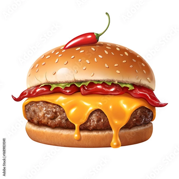 Fototapeta Juicy cheeseburger with spicy red pepper topping transparent background