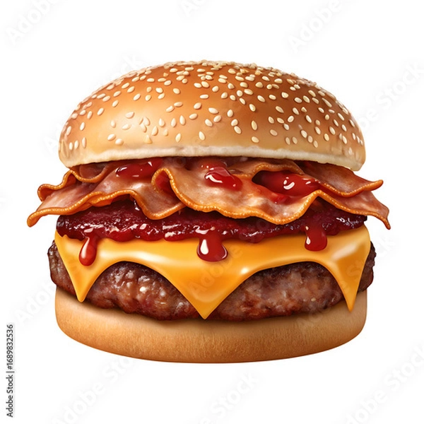 Fototapeta Delicious bacon cheeseburger with melty cheese sauce transparent background