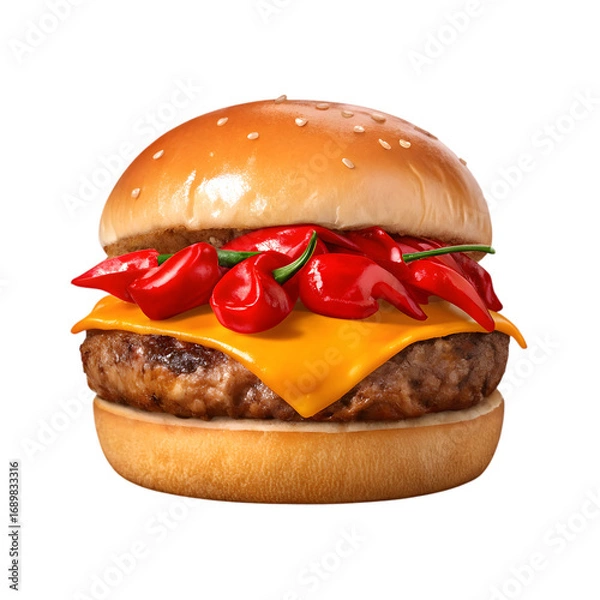 Fototapeta Delicious cheeseburger with peppers and melted cheese transparent background