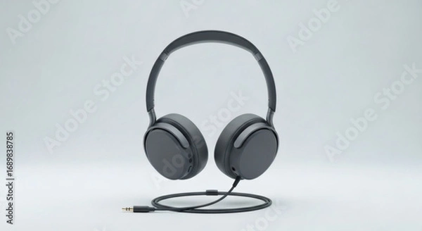 Obraz Stylish Grey Headphones with Wired Connection, Modern Audio Device, Minimalist Product Photography