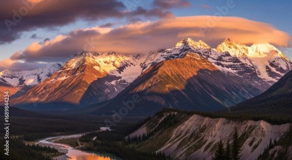 Obraz Majestic Sunrise Over Canadian Rockies Mountain Range with River Valley and Lenticular Clouds