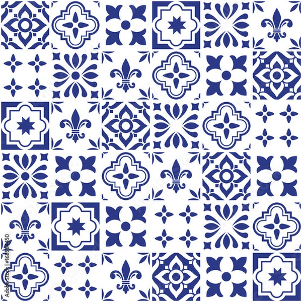 Obraz Geometric vector tile design, Portuguese or Spnish seamless navy blue tiles, Azulejos pattern