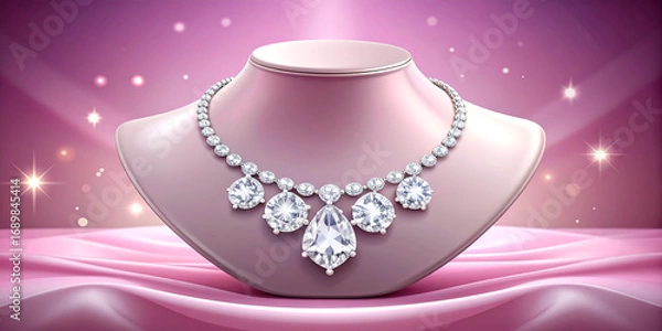 Fototapeta Elegant sparkling diamond necklace with brilliant cut gems showcased on a pink jewelry bust against a glamorous, illuminated background