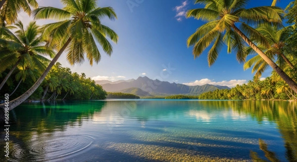Obraz Serene Tropical Paradise: Stunning Lagoon with Palm Trees and Majestic Mountains