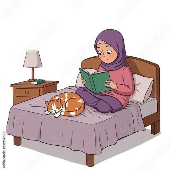 Obraz A young Muslim woman in a hijab enjoys a quiet evening reading a book in bed, with her adorable ginger cat sleeping peacefully beside her in a cozy bedroom.