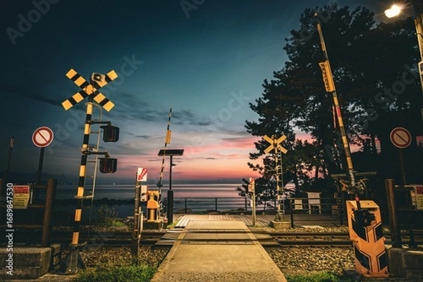 Fototapeta 高岡市、マジックアワーの義経岩踏切