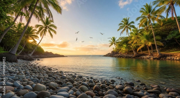 Obraz Serene Sunset at Tropical Cove Beach: Palm Trees, Pebbles, and Calm Waters