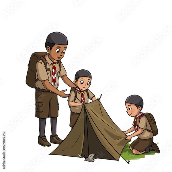 Obraz An adult scout leader teaches two young scouts how to properly assemble and pitch a tent during an outdoor camping activity, fostering teamwork and survival skills.