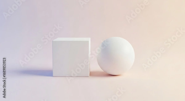 Obraz Minimalist Abstract Still Life: White Cube and Sphere on Pastel Background