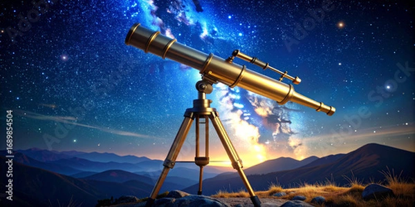 Fototapeta Celestial Exploration A Golden Telescope Under a Starry Sky