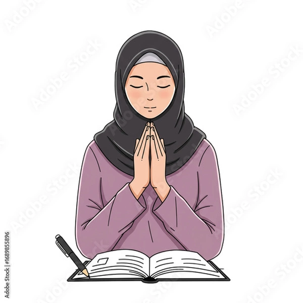 Obraz An illustration of a devout Muslim woman wearing a hijab, peacefully praying with her hands clasped over an open book, suggesting deep faith and study.