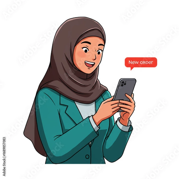 Obraz A young Muslim businesswoman in a hijab and blazer joyfully receives a new order notification on her smartphone, illustrating successful online entrepreneurship.