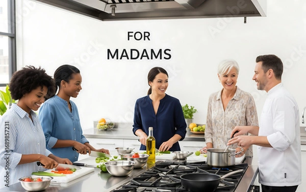 Obraz 笑顔で料理を楽しむマダムたちとシェフ、モダンな料理教室の風景