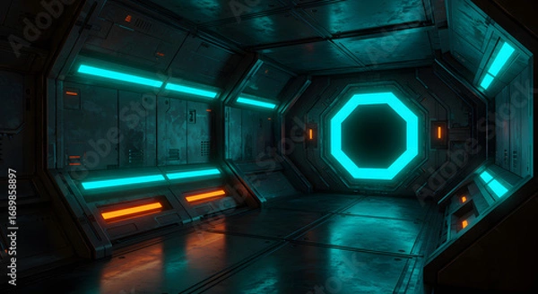 Fototapeta Futuristic sci fi corridor with octagonal portal and neon lighting