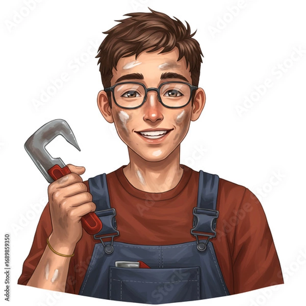 Obraz A cheerful young man with glasses and paint smudges on his face smiles warmly while holding a tool, dressed in overalls for a home improvement project.