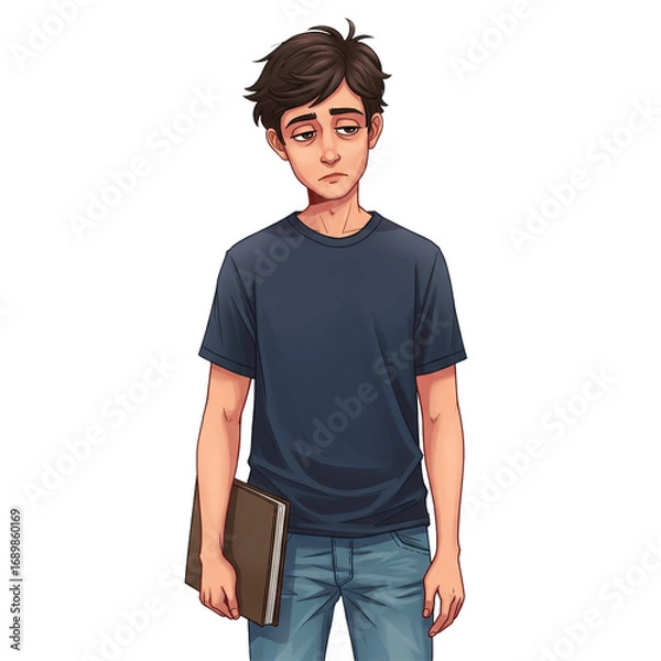 Fototapeta A portrait of an exhausted young man with messy hair and dark circles under his eyes, holding a book and wearing casual clothes, looking sad and overworked.