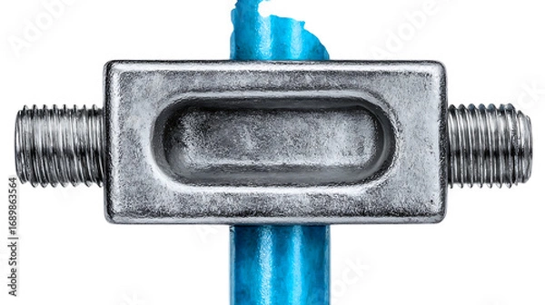 Fototapeta Close up of a metal clamp with threaded ends attached to a blue pipe object