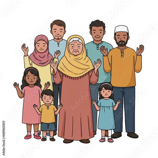 Fototapeta A loving multi-generational family, including an elderly woman, adults, and kids, gathered together for a collective prayer, expressing their faith and unity.