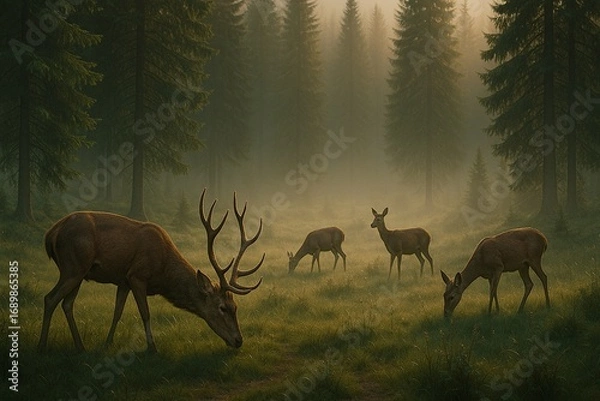 Obraz Stag and Does in a Foggy Glade