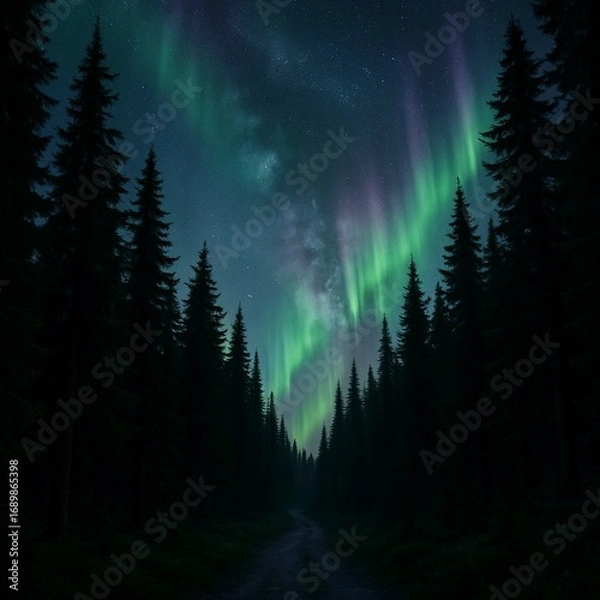 Obraz Northern Lights Over Dark Forest Road