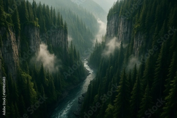 Obraz Misty River Valley Through Evergreen Forest