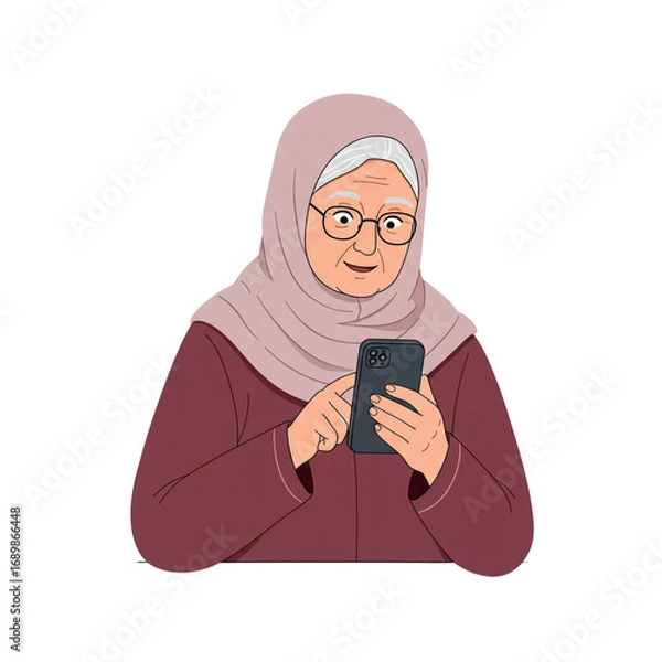 Obraz A senior Muslim woman with a happy expression on her face holds a mobile phone, illustrating the concept of digital literacy and communication for all ages.