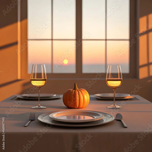 Obraz Romantic sunset dinner table setting with wine and pumpkin
