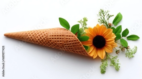 Fototapeta Creative floral ice cream cone arrangement studio setting photography bright and cheerful top-down angle nature inspired