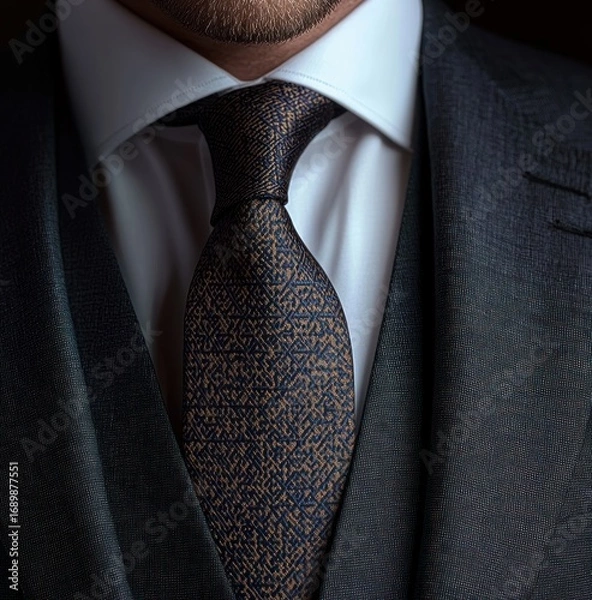 Fototapeta Close-up of a man wearing a dark patterned tie, white dress shirt, and textured charcoal suit jacket with a serious and professional appearance